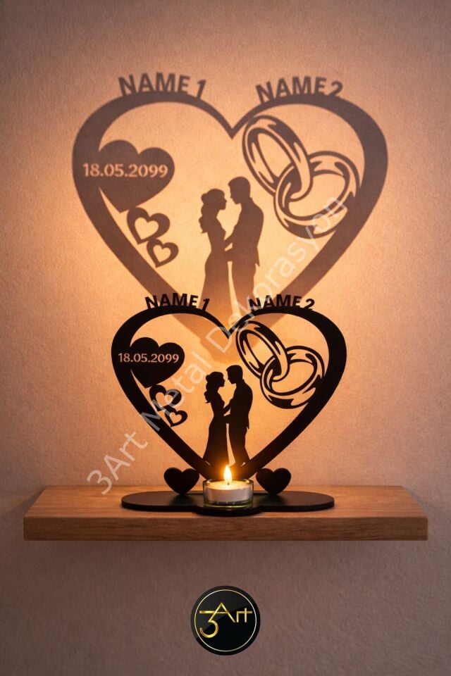 Kişiye Özel İsimli ve Tarihli Çift Figürlü Kalpli Mumluk