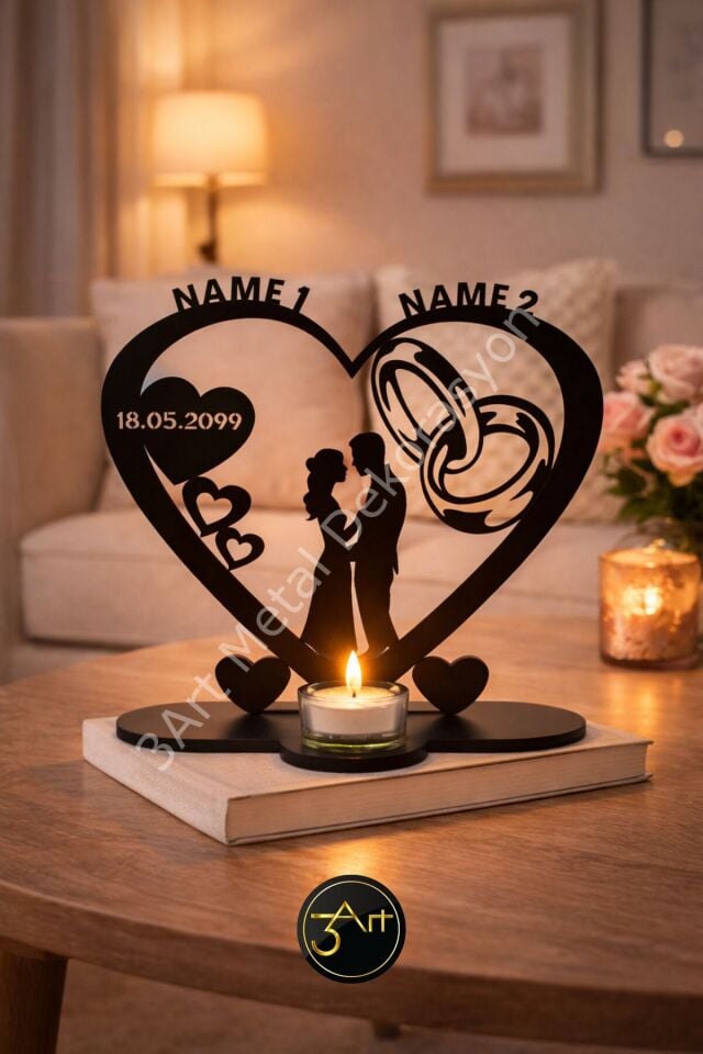 Kişiye Özel İsimli ve Tarihli Çift Figürlü Kalpli Mumluk