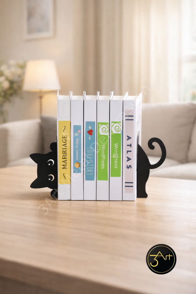 2'li Kedi Kitap Tutucu - Dekoratif Kitap Desteği - Kaymaz Ofis & Ev Raf Organizer