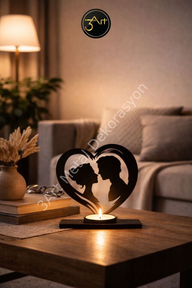 Dekoratif Mumluk – Romantik Çift & Kalp Silüeti - Modern Masa & Salon Dekoru