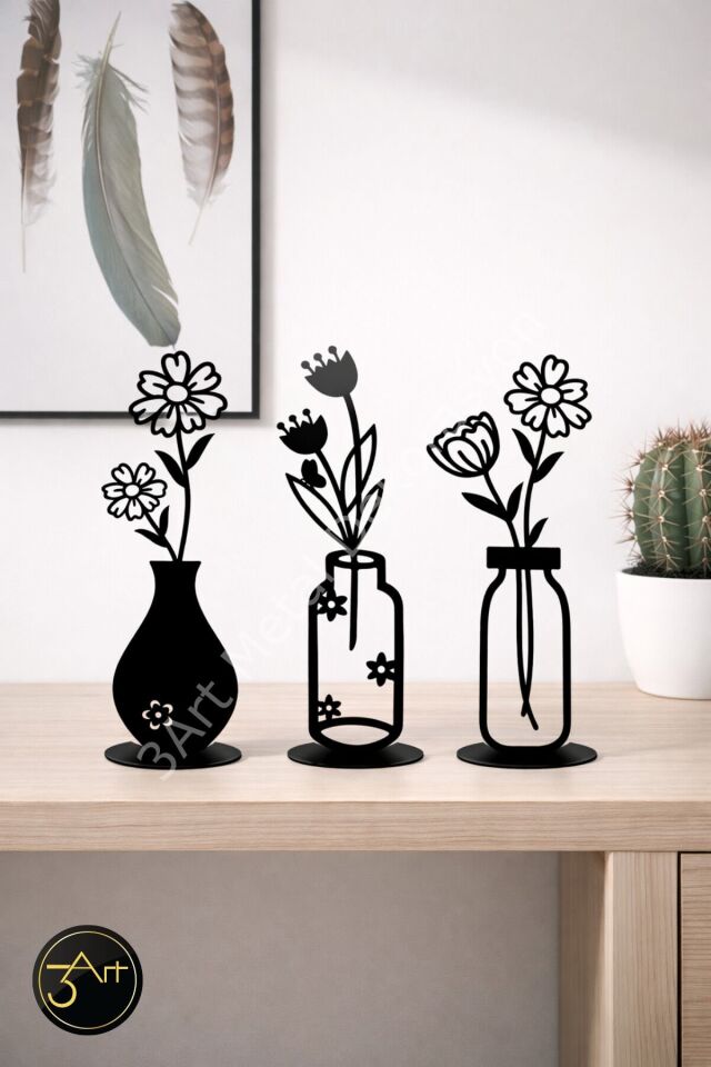 3'lü Dekoratif Vazo Figürleri Seti - Çiçekli Masaüstü Dekor Modern Ev & Ofis Aksesuarı