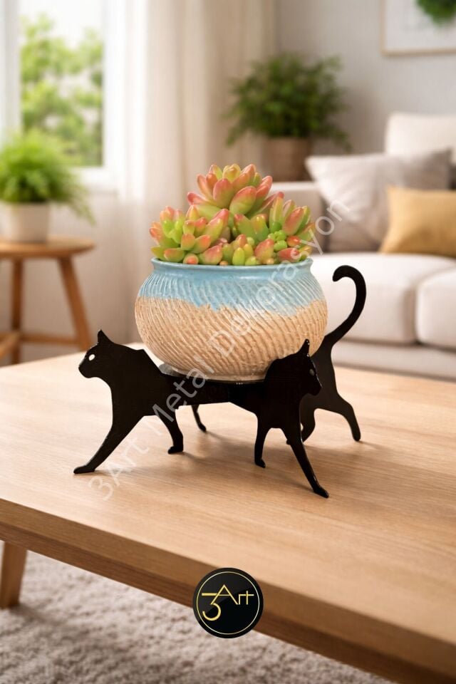 Dekoratif Kedi Figürlü Saksı Standı - Bitki & Sukulent Standı - Modern Ev Dekoru