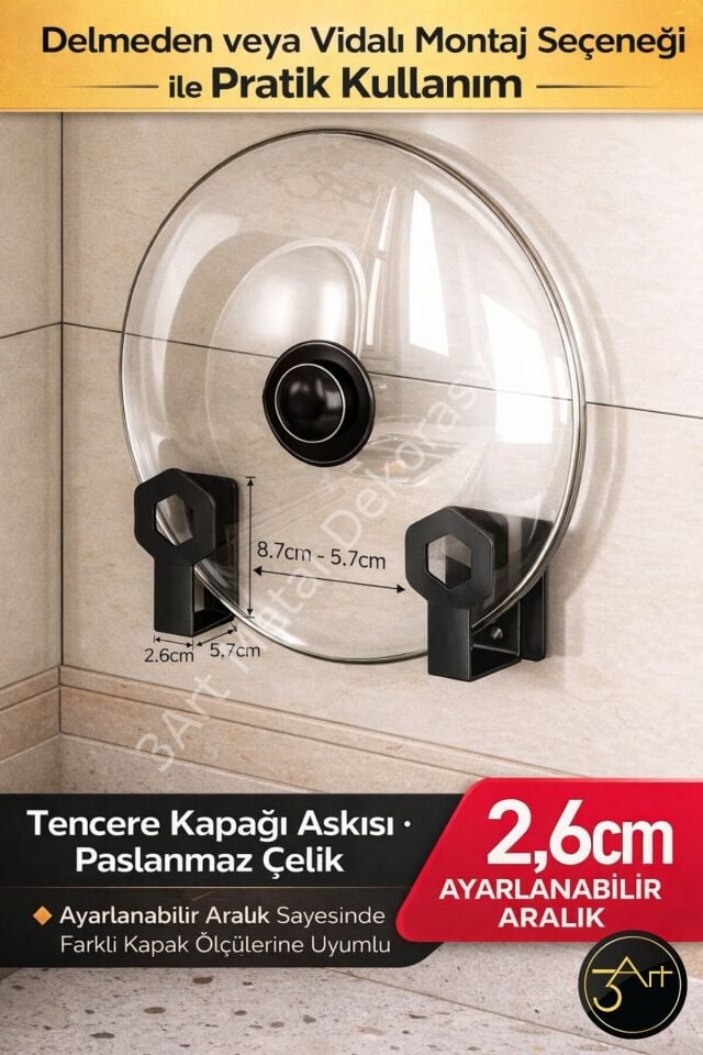 Çok Amaçlı 2'li Duvar Askısı - Tencere Kapağı Askısı & Organizer - Ayarlanabilir Çelik Tutucu