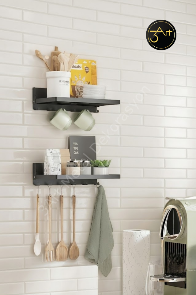 Duvar Rafı Mutfak Organizer Seti – Askılı Kaşıklık ve Bardak Askılı Modern Raf