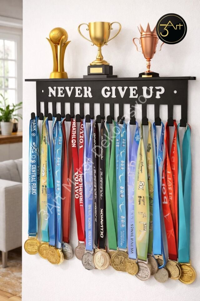 Madalyonluk – Duvar Tipi Madalya Askılığı, Never Give Up Yazılı Sporcu Madalyalık Raf