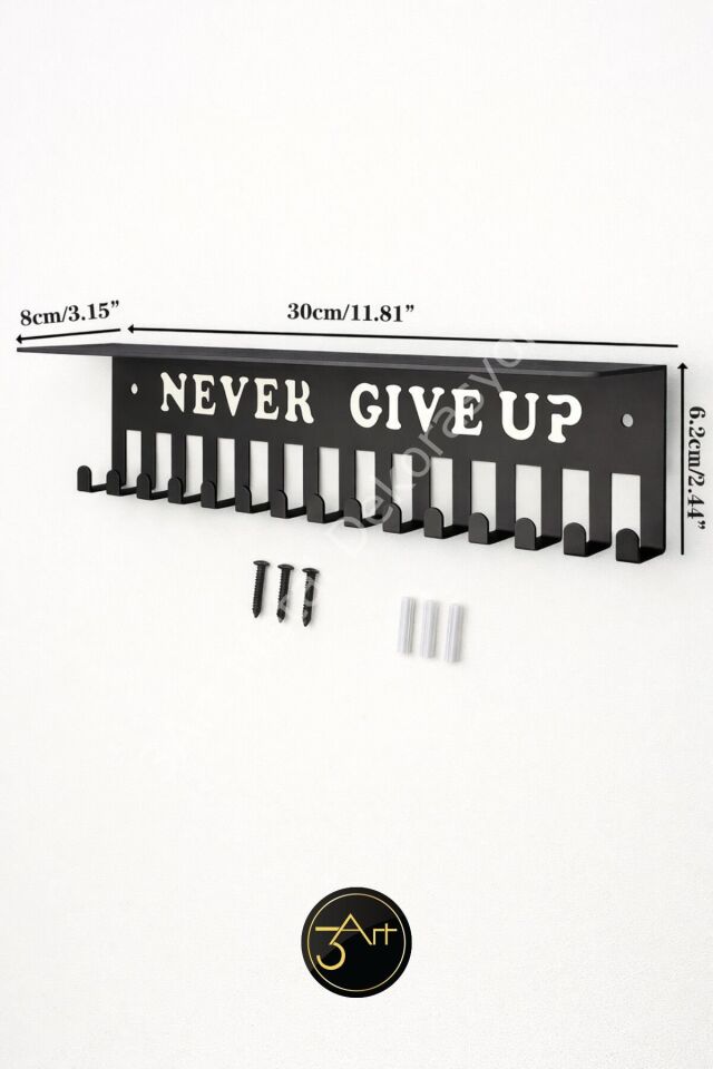 Madalyonluk – Duvar Tipi Madalya Askılığı, Never Give Up Yazılı Sporcu Madalyalık Raf