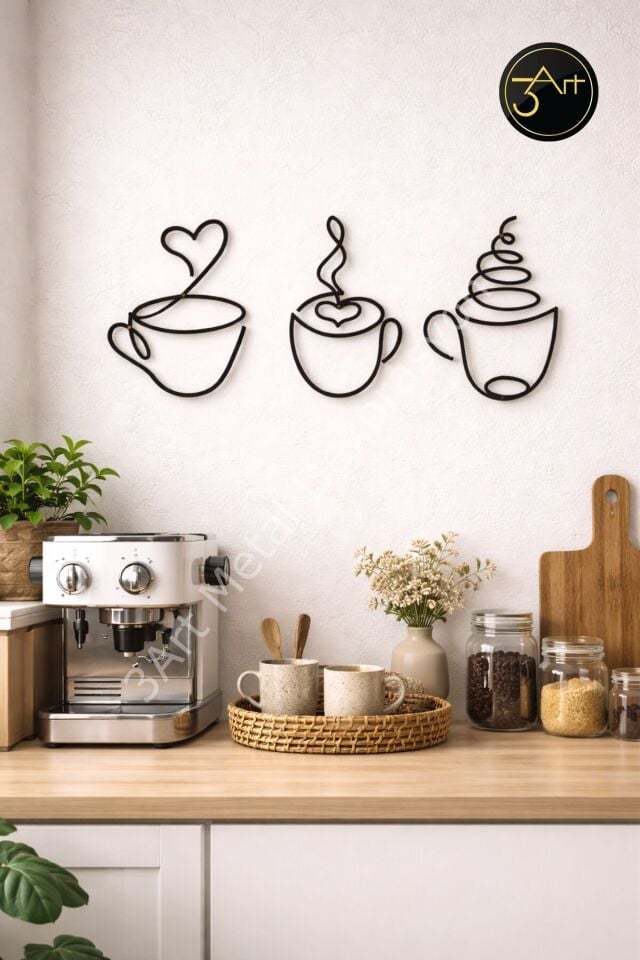 Kahve Temalı Duvar Tablosu – Modern Fincan Figürlü Duvar Dekoru – Mutfak & Kafe Duvar Süsü