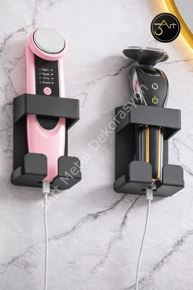 Metal Duvar Tipi Şarjlı Cihaz Askılığı – Saç Bakım & Tıraş Aleti Tutucu