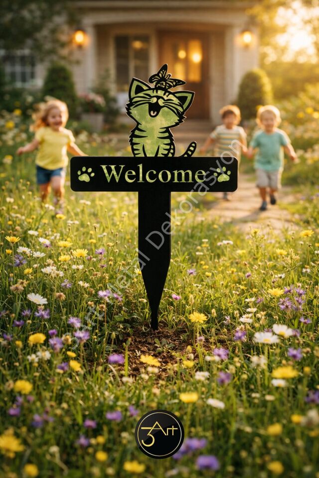 Kedi Figürlü Metal Bahçe Dekoru – Welcome Yazılı Bahçe & Kapı Süsü