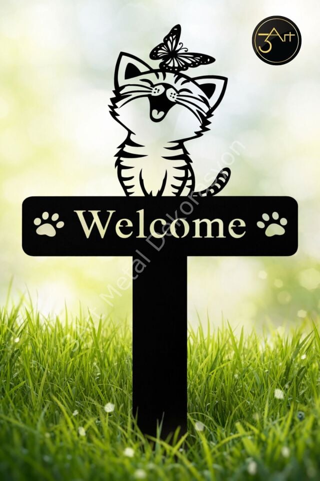 Kedi Figürlü Metal Bahçe Dekoru – Welcome Yazılı Bahçe & Kapı Süsü