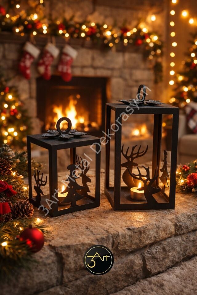 Dekoratif Mumluk Seti – Geyik & Ağaç Figürlü Siyah Fener Mumluk - Modern & Rustik Ev Dekoru