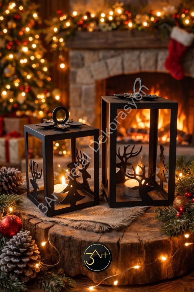 Dekoratif Mumluk Seti – Geyik & Ağaç Figürlü Siyah Fener Mumluk - Modern & Rustik Ev Dekoru