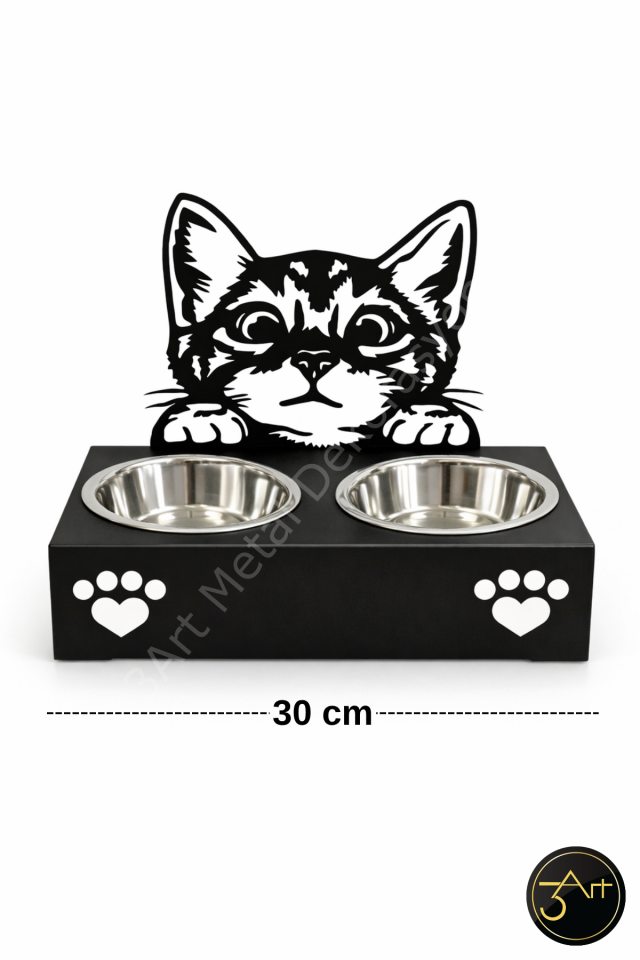 Kedi Figürlü Mama ve Su Kabı Standı – Çift Hazneli, Şık Tasarım Evcil Hayvan Besleme Standı