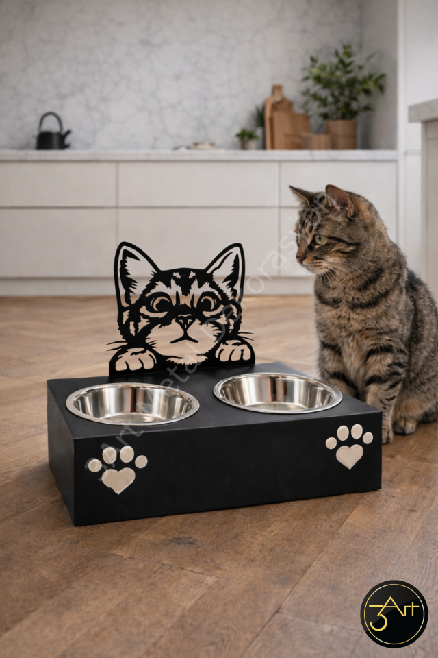 Kedi Figürlü Mama ve Su Kabı Standı – Çift Hazneli, Şık Tasarım Evcil Hayvan Besleme Standı