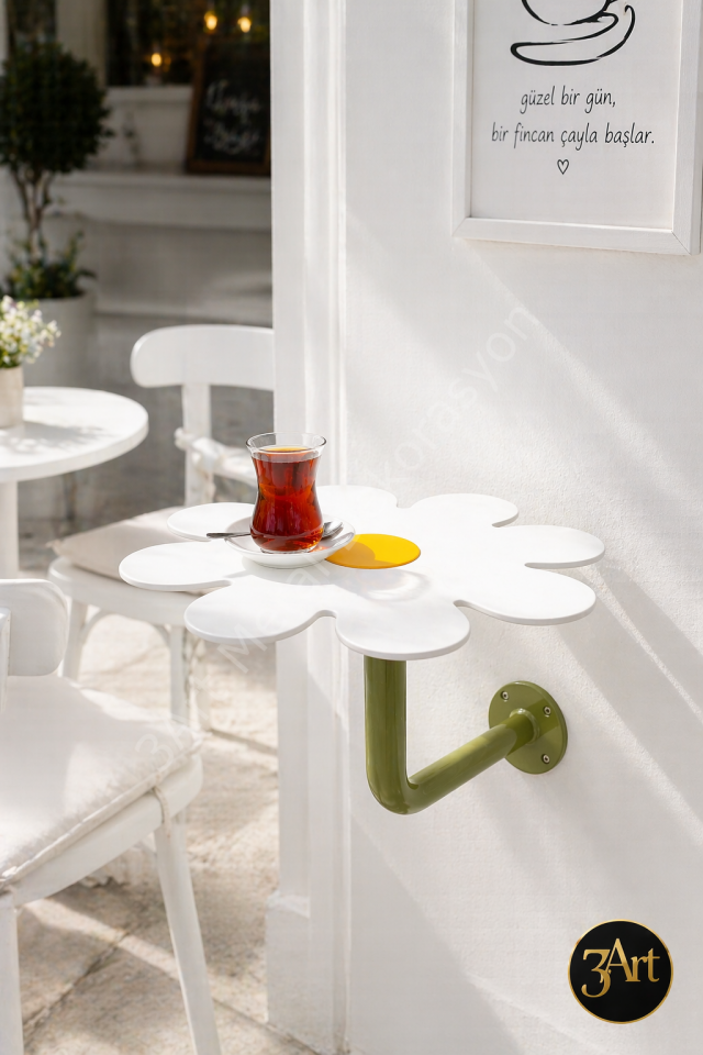 Duvara Monte Papatya  Sehpa – Mini Balkon & Kafe Masası, Modern Dekoratif Çay Kahve Sehpası