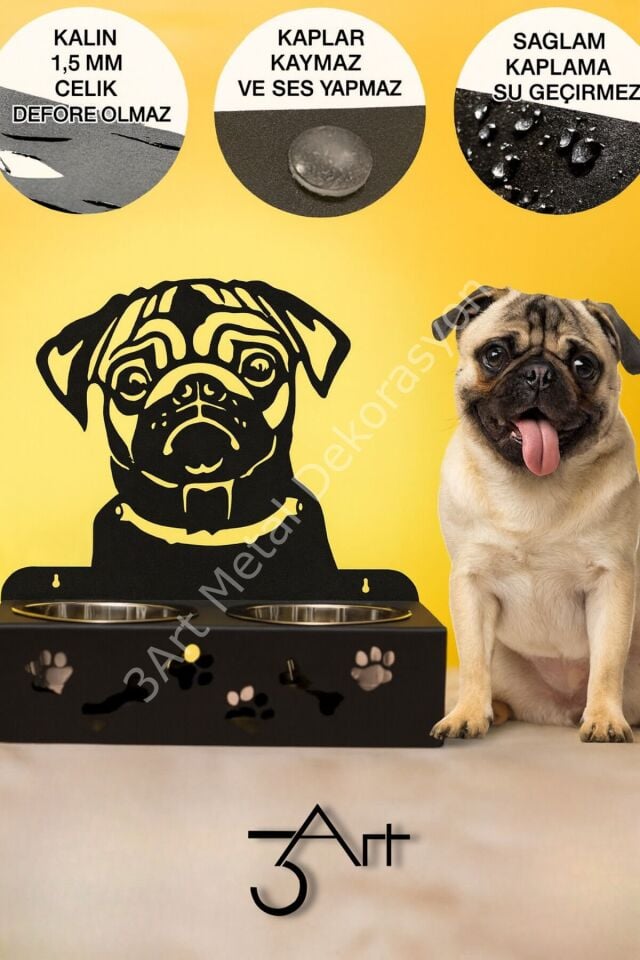 Pug Tasarımlı Çiftli Köpek Mama ve Su Kab standı - Mama Standı - Dayanıklı Mama Kabı Seti