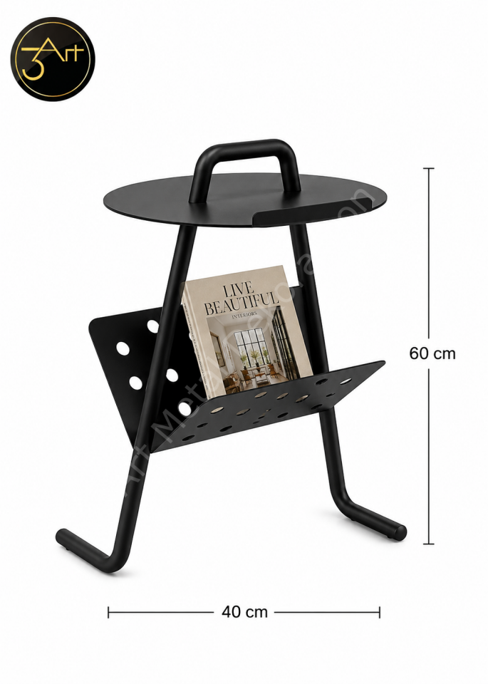 Dergilikli Metal Yan Sehpa - Minimalist Siyah Sehpa - Koltuk Yanı Kahve Sehpası ve Gazetelik