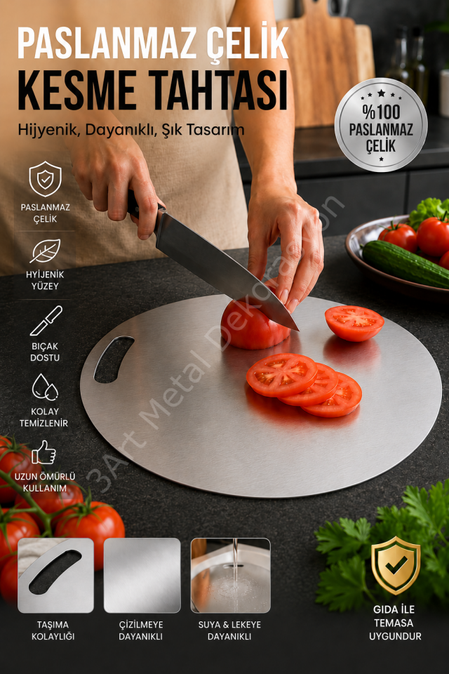 Paslanmaz Çelik Kesme Tahtası Yuvarlak - | Hijyenik, Çizilmeye Dayanıklı, Gıda Temasına Uygun