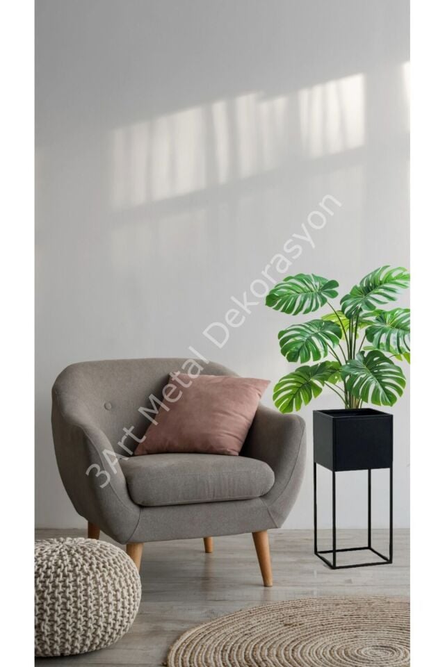 Saksı - Ayaklı Saksılık - Dekoratif Metal Saksılık - Siyah