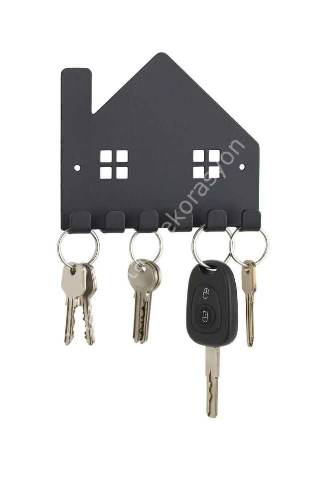 Ev Şeklinde Lazer Kesim Metal Anahtarlık Askısı - 6 Kancalı, Duvar Tipi - Keys