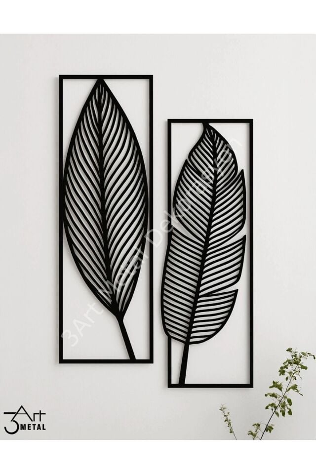 Siyah Metal Yaprak Desenli Duvar Dekoru 2'li Set - Modern Minimalist Çerçeveli Tablo