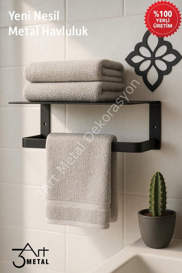 Modern Siyah Metal Duvar Tipi Havluluk | Mat Raflı Banyo Havlu Askısı