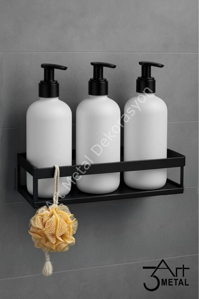 Duvar Tipi Banyo Şampuanlık Metal Siyah Raflı Sabunluk Organizer & Sünger Askısı