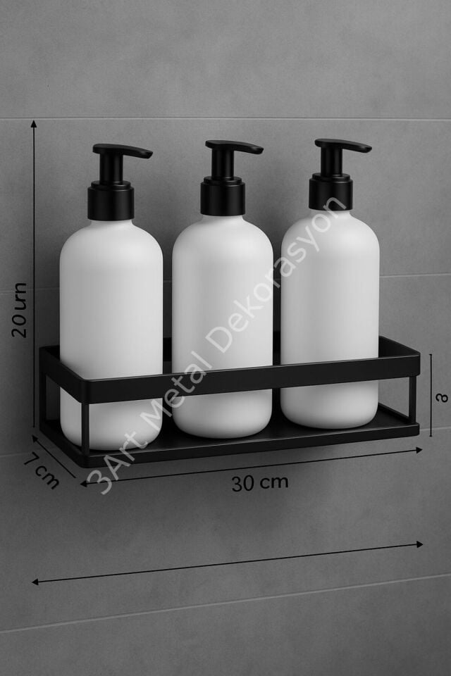 Duvar Tipi Banyo Şampuanlık Metal Siyah Raflı Sabunluk Organizer & Sünger Askısı