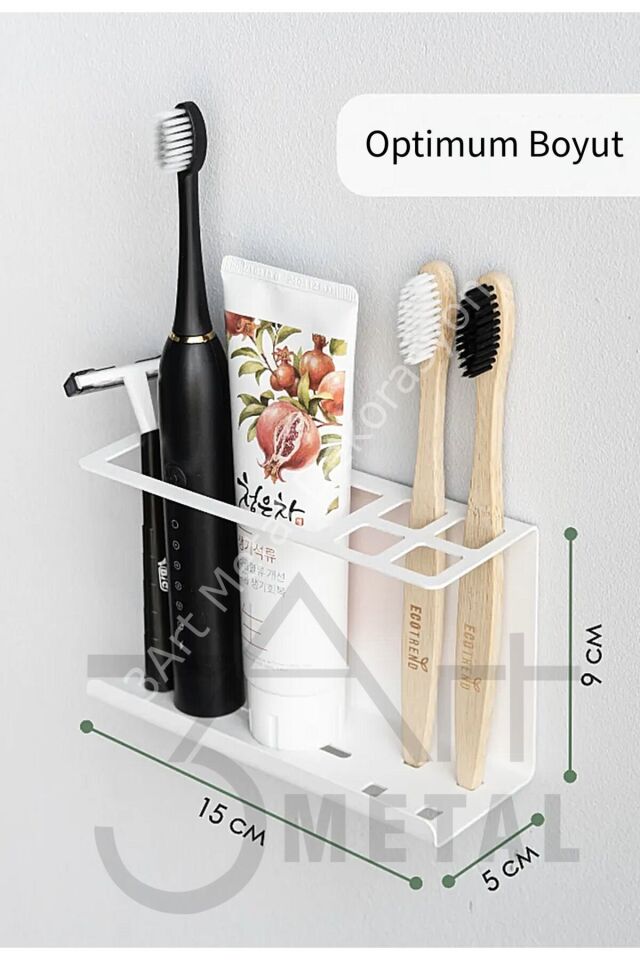 Metal Diş Fırçalık – Çift Taraflı Bant İle Montaj & Tezgah Üstü Kullanım – Şık ve Dayanıklı Tasarım