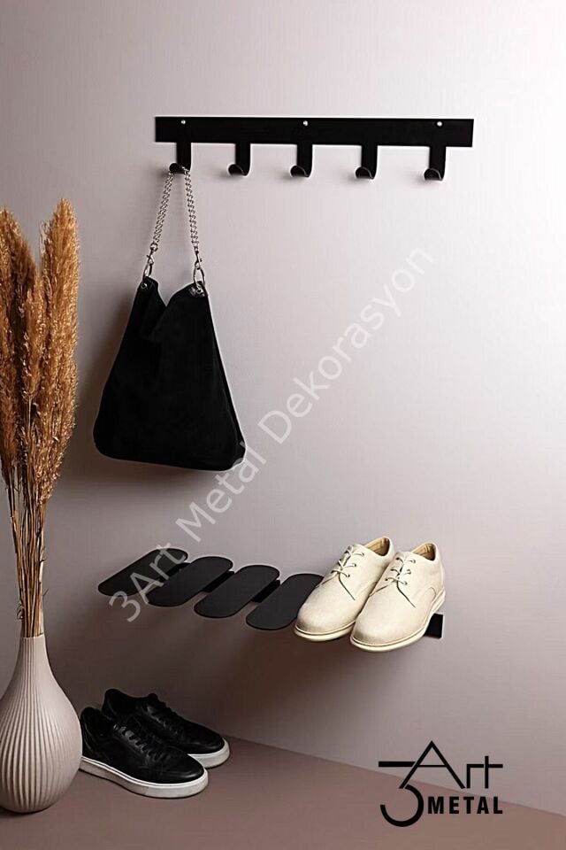 Metal Ayakkabılık Ve Askılık 2li Set - Duvar Askısı - Metal Ayakkabılık - Elbise Askısı