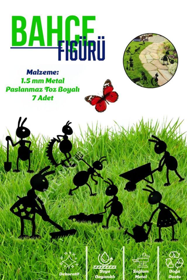Dekoratif Bahçe Süsleri - 7'li Set Metal Karınca - Saksı Üstüne Heykel Figürü