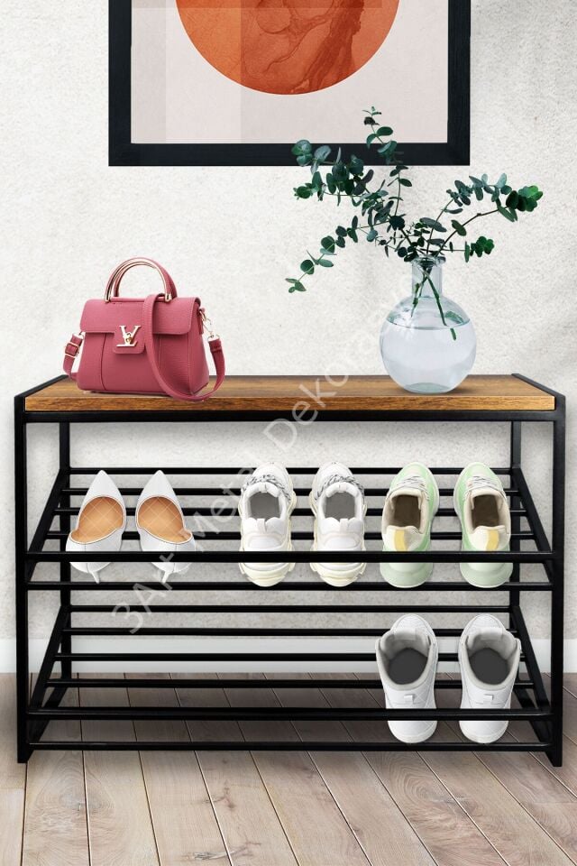 Dekoratif Metal Ahşap Ayakkabılık - Dekoratif Metal Raf - Antre Hol Lobi Giriş Rafı