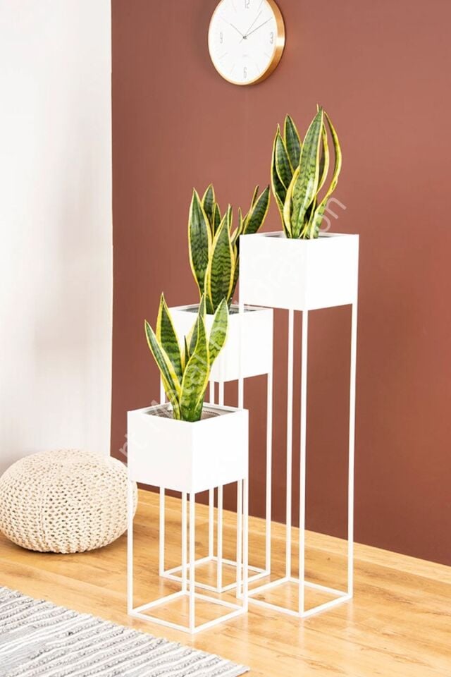 Dekoratif Beyaz Çiçek Saksı - Metal 3'lü Set Ayaklı Saksılık