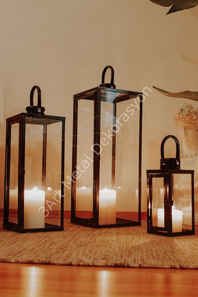 Metal Mum Feneri Seti 3'lü - Siyah