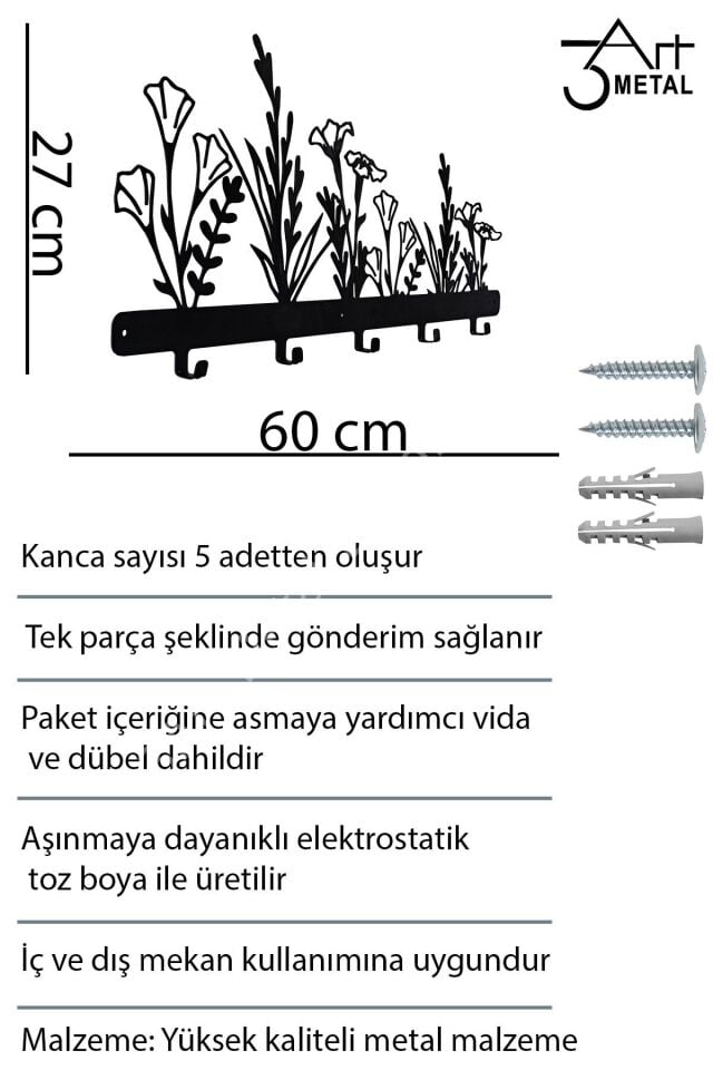 Askılık - Çiçek Motifli Desenli Askılık - Dekoratif Metal Askılık - Elbise Askısı