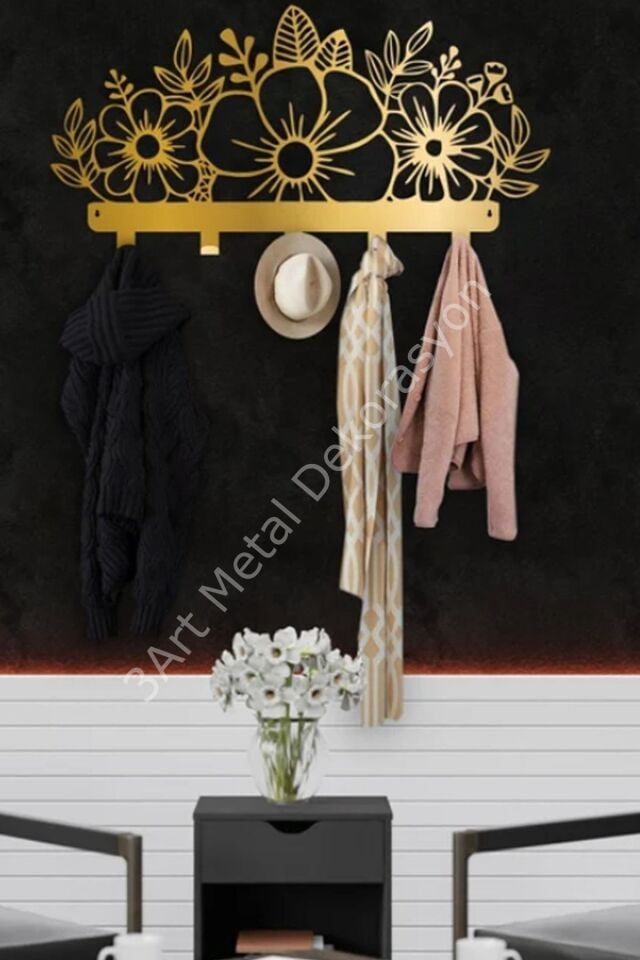 Çiçek Desenli Elbise Askısı - Metal Askılık - Duvar Askısı