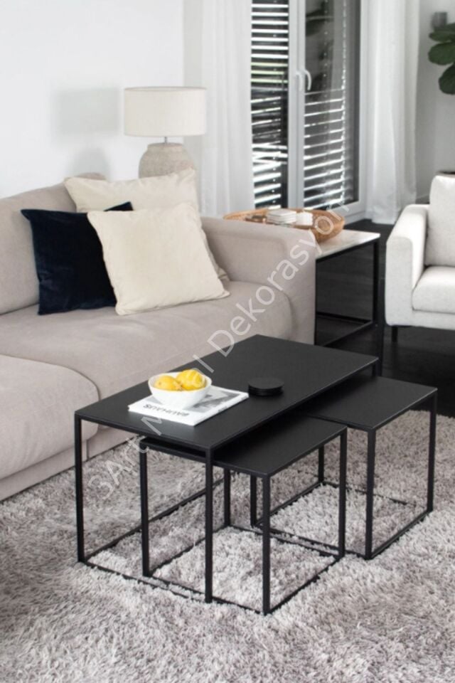 3'lü Set Dekoratif Metal Sehpa - Modern Metal Sehpa - Orta Masa