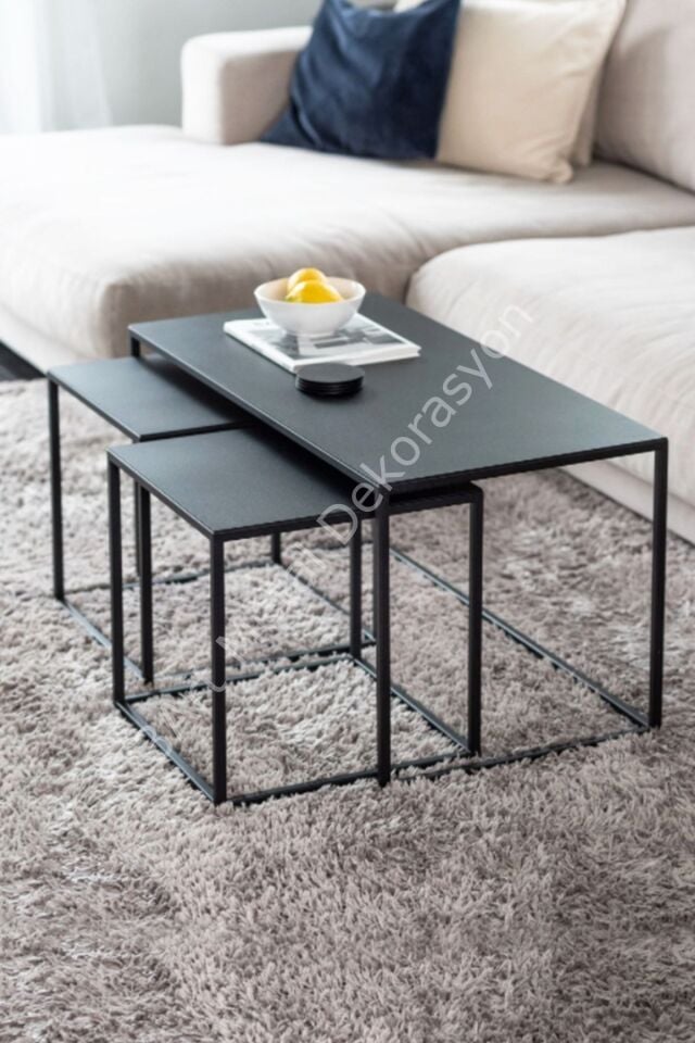 3'lü Set Dekoratif Metal Sehpa - Modern Metal Sehpa - Orta Masa