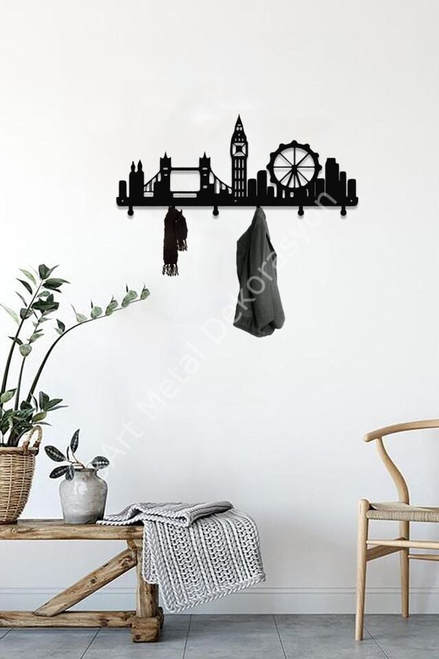 Londra Şehir Silüeti Metal Askılık - Dekoratif Askı - Duvar Askısı - Elbise Askısı
