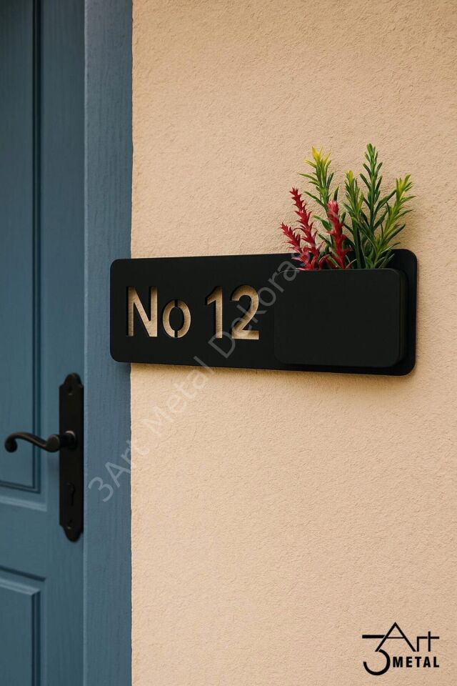 Metal Siyah Lazer Kesim Kapı Numarası Saksılı Tabela