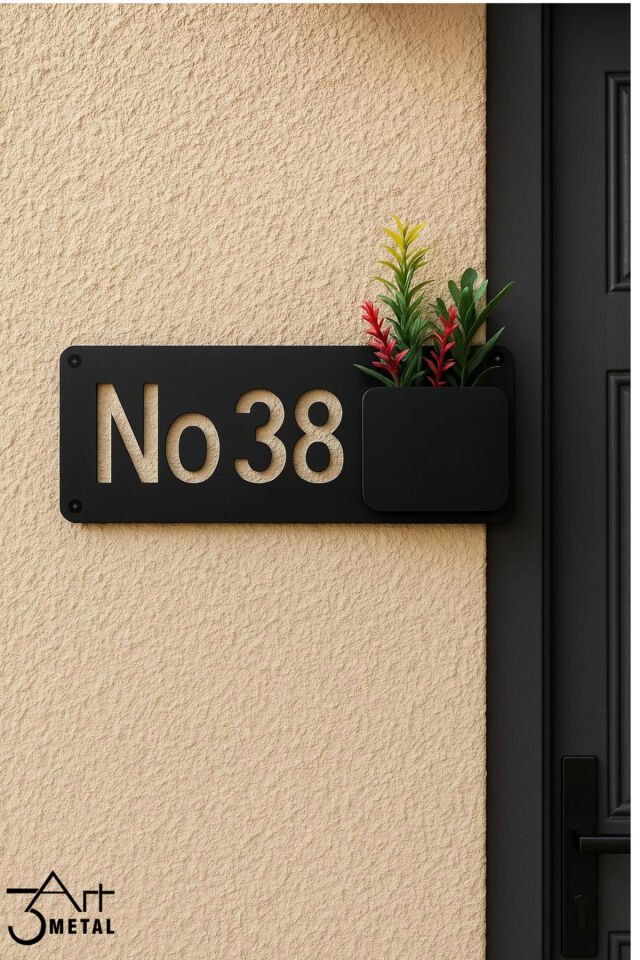 Metal Siyah Lazer Kesim Kapı Numarası Saksılı Tabela | Modern Vidalı Dış Kapı Numaratör Dekorasyon