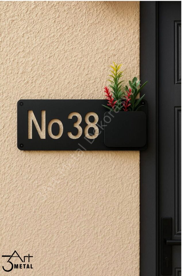 Metal Siyah Lazer Kesim Kapı Numarası Saksılı Tabela