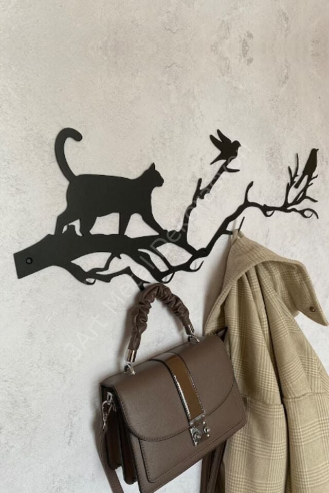 Dekoratif Kedi ve Kuşlu Metal Duvar Askısı