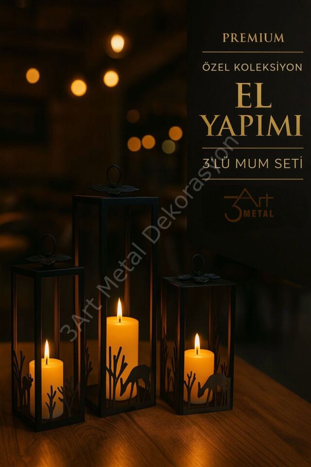 Dekoratif Üçlü Mumluk Fener - 3'lü Metal Şamdan