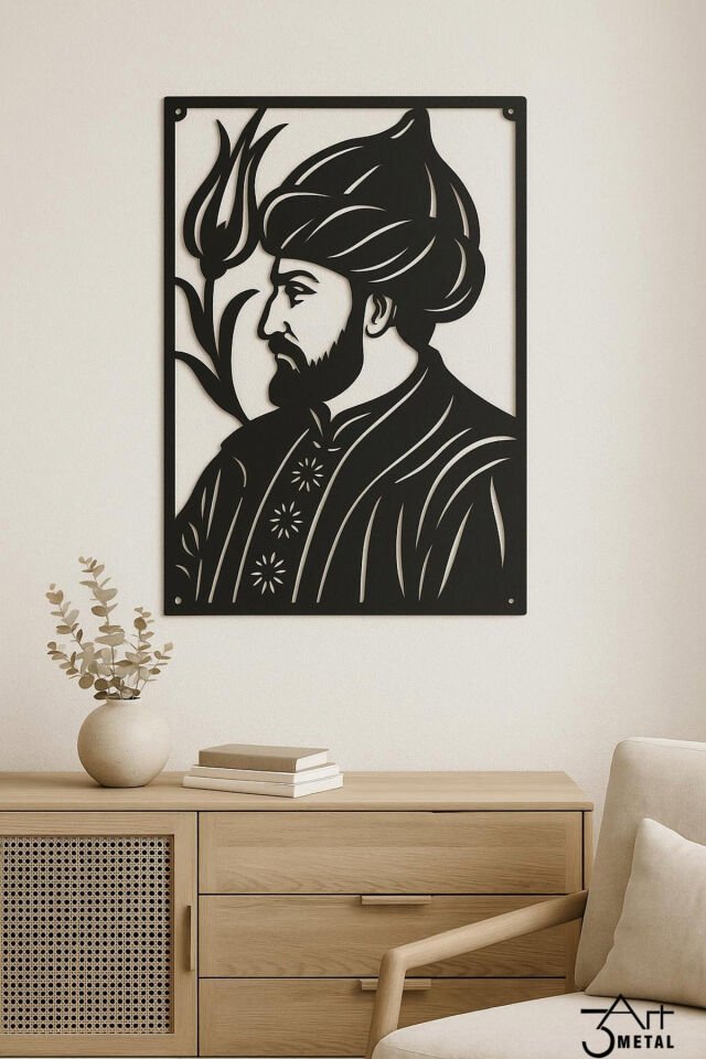 Fatih Sultan Mehmet Silueti Metal Tablo - FSM – Lazer Kesim, Duvar Dekoru, Mat Siyah - Sanat Eseri