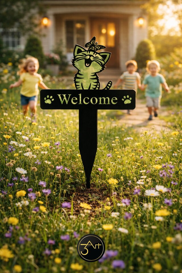 Kedi Figürlü Metal Bahçe Dekoru – Welcome Yazılı Bahçe & Kapı Süsü