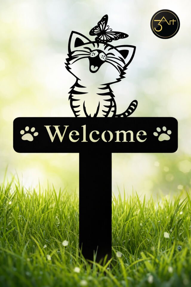 Kedi Figürlü Metal Bahçe Dekoru – Welcome Yazılı Bahçe & Kapı Süsü