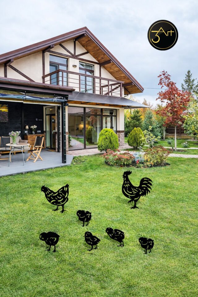 5'li Dekoratif Tavuk Ailesi Bahçe Dekorasyon Seti - Bahçe Süsü - Çim & Peyzaj Aksesuarı