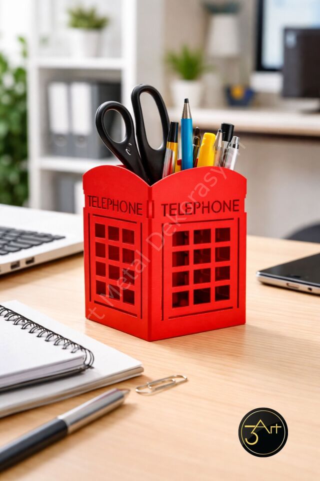 Dekoratif Telefon Kulübesi Kalemlik - Masaüstü Organizer - Kalem & Makyaj Fırçası Düzenleyici