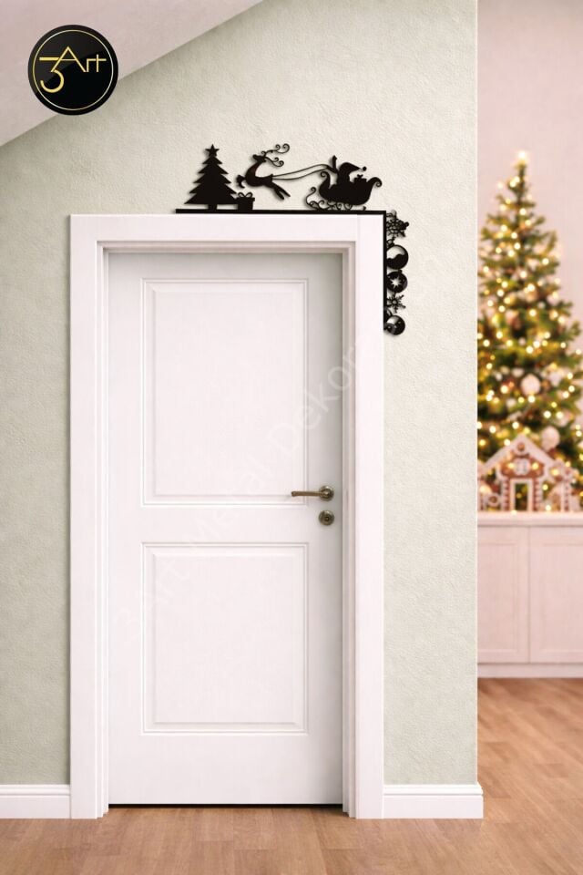 Yılbaşı Kapı Kenarı Dekoru - Noel Baba ve Geyik Tasarımlı Kapı Üstü Süsü